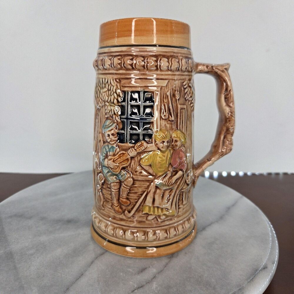 Vintage Made in Japan Beer Stein Tankard Relief Liebundlied Froh Gemut 3D Scene